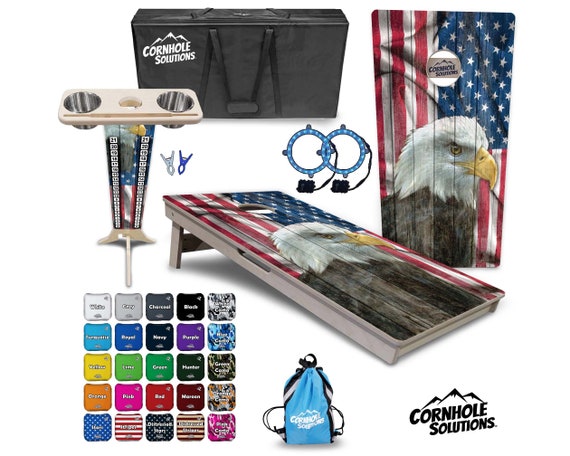 Tournament Cornhole Bundle Options - Faded Eagle Flag - 2'x4' Regulation Set - 3/4″ Baltic Birch +ScoreBrace +UV Direct Print +UV Clear Coat