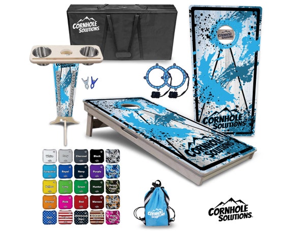 Tournament Cornhole Bundle Options - Blue Splatter - 2'x4' Regulation Set - 3/4″ Baltic Birch +ScoreBrace +UV Direct Print +UV Clear Coat