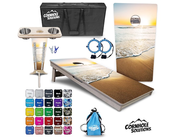 Tournament Cornhole Bundle Options - Beach Sand Sunset - 2'x4' Regulation Set - 3/4″ BalticBirch +ScoreBrace +UV Direct Print +UV Clear Coat