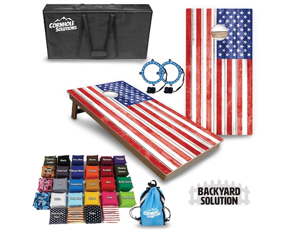 Backyard Cornhole Bundle Options - Whitewash Flag - 2'x4' Regulation Set + UV Direct Print + UV Clear Coat