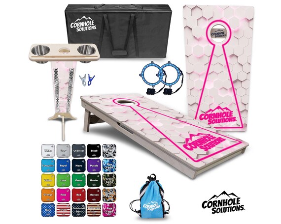 Tournament Cornhole Bundle Options- Pink Glowhole White 2'x4' Regulation Set 3/4″ BalticBirch +ScoreBrace +UV Direct Print +UV Clear Coat