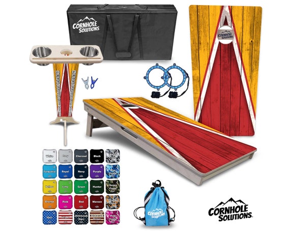 Tournament Cornhole Bundle Options- Red & Gold Triangle - 2'x4' Regulation Set- 3/4″ BalticBirch +ScoreBrace +UV Direct Print +UV Clear Coat