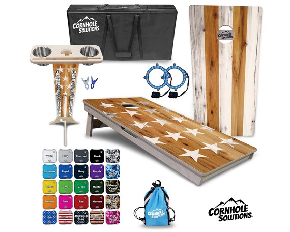 Tournament Cornhole Bundle Options- Natural Lg Stars Stripes- 2'x4' Regulation Set- 3/4″ Baltic Birch +ScoreBrace +UV Direct Print +UV Clear