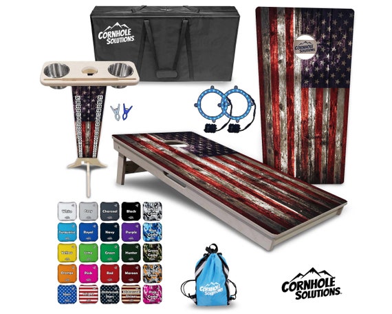 Tournament Cornhole Bundle Options - Rustic Flag - 2'x4' Regulation Set - 3/4″ Baltic Birch +ScoreBrace +UV Direct Print +UV Clear Coat