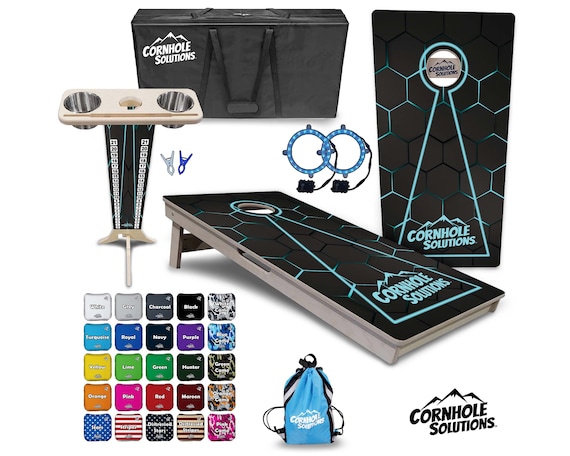 Tournament Cornhole Bundle Options- Turq Glowhole Blk- 2'x4' Regulation Set- 3/4″ BalticBirch +ScoreBrace +UV Direct Print +UV Clear Coat