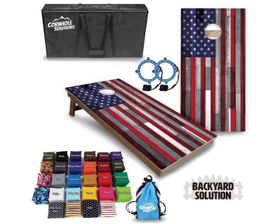 Backyard Cornhole Bundle Options - American Wood Plank Flag - 2'x4' Regulation Set + UV Direct Print + UV Clear Coat