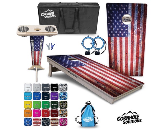 Tournament Cornhole Bundle Options - Weathered Flag - 2'x4' Regulation Set - 3/4″ Baltic Birch +ScoreBrace +UV Direct Print +UV Clear Coat