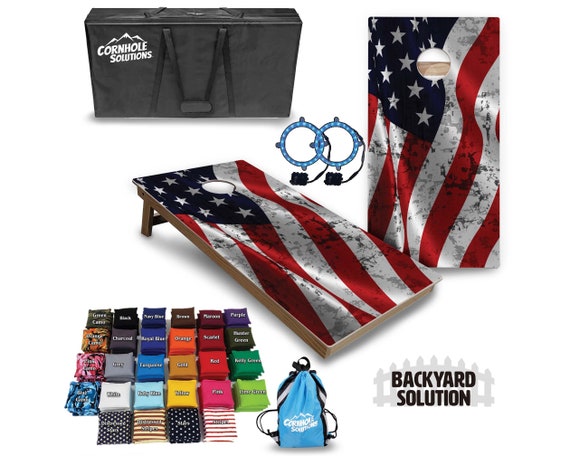 Backyard Cornhole Bundle Options - Wavy Distressed Flag - 2'x4' Regulation Set + UV Direct Print + UV Clear Coat