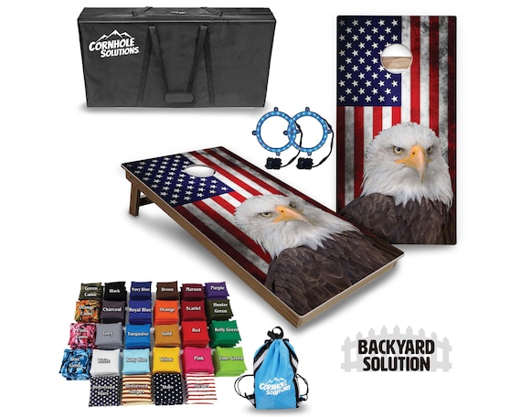 Backyard Cornhole Bundle Options - Eagle Flag - 2'x4' Regulation Set + UV Direct Print + UV Clear Coat