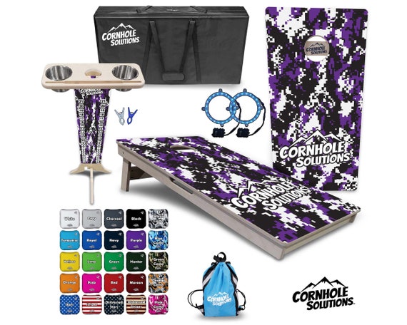 Tournament Cornhole Bundle Options- Purple Digital Camo 2'x4' Regulation Set-3/4″ BalticBirch + ScoreBrace + UV Direct Print + UV Clear Coat