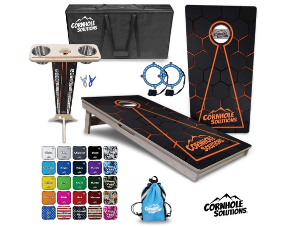 Tournament Cornhole Bundle Options- Orange Glowhole Blk- 2'x4' Regulation Set- 3/4″ BalticBirch +ScoreBrace +UV Direct Print +UV Clear Coat