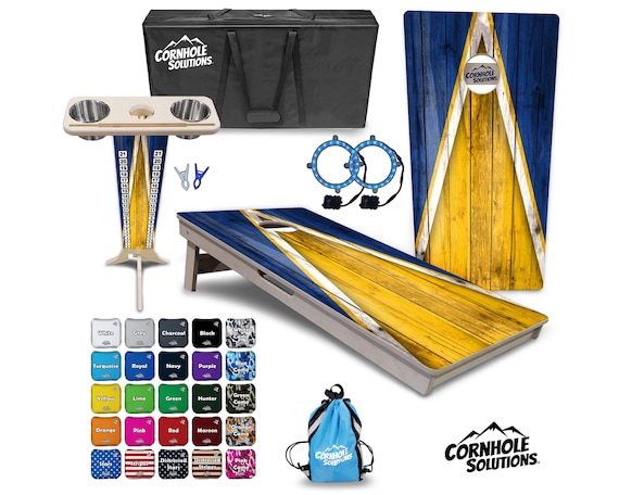 Tournament Cornhole Bundle Options- Yellow & Blue Triangle - 2'x4' Regulation- 3/4″ BalticBirch +ScoreBrace +UV Direct Print +UV Clear Coat