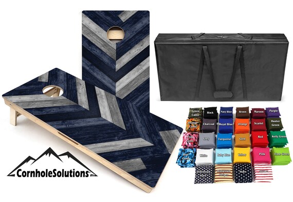 Blue & Grey Herringbone Design -Cornhole Solutions Bundle- Includes(2) Regulation Boards, (8)Playing Bags and a Carrying Case! Free Shipping