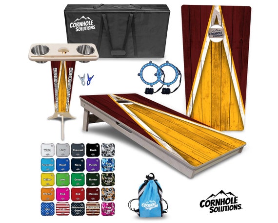 Tournament Cornhole Bundle Options - Yellow Maroon Triangle - 2'x4' Regulation- 3/4″ BalticBirch +ScoreBrace +UV Direct Print +UV Clear Coat