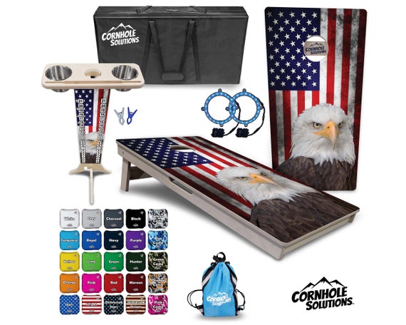 Tournament Cornhole Bundle Options- Patriotic Eagle Flag- 2'x4' Regulation Set- 3/4″ BalticBirch +ScoreBrace +UV Direct Print +UV Clear Coat