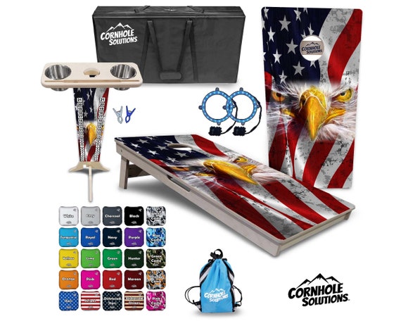 Tournament Cornhole Bundle Options- Electric Eagle Flag- 2'x4' Regulation Set- 3/4″ BalticBirch +ScoreBrace +UV Direct Print +UV Clear Coat