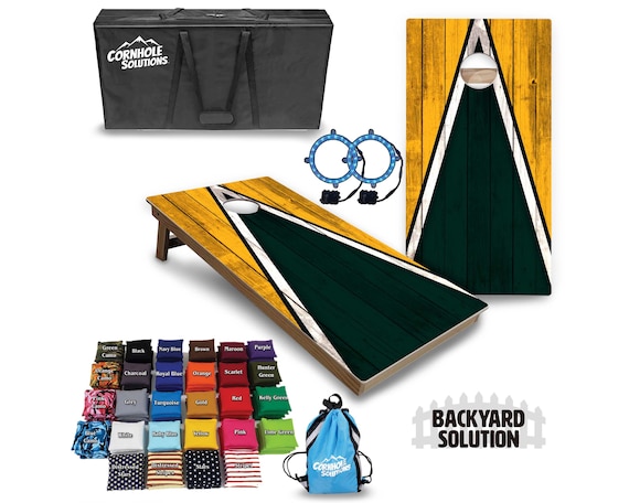 Backyard Cornhole Bundle Options - Green & Gold Triangle - 2'x4' Regulation Set + UV Direct Print + UV Clear Coat