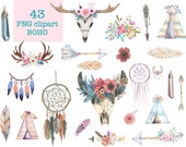 43x Watercolor Boho Teepee Clipart feathers Horns Wedding Nursery Invitation, Instant Download