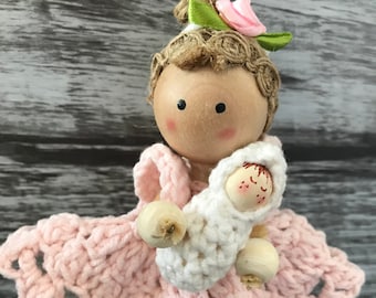 Handmade 5 1/2 Clothespin Doll with Pink Crocheted Dress and Jute Hair - Includes Removable 2 Baby Doll in White Bunting