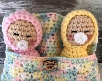 Doll - Hand Crocheted Twins- Two Sleeping Babies - Multi Color Pastel Blanket