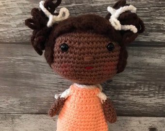 Hand crochet Lara Doll - Brown Hair - Peach Dress