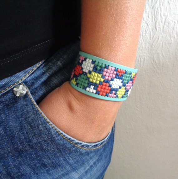 Items similar to Cross stitch bracelet, embroidered cuff, geometric