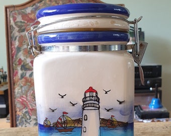 Breton Lighthouse ceramic biscuit jar with lid