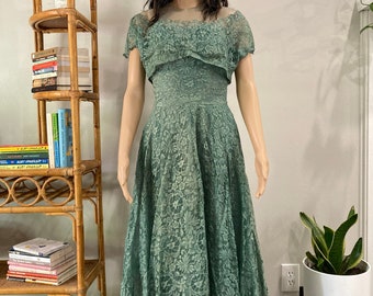 Vintage 1950s Jade Green Fifties Prom Formal Sleeveless Chiffon Lace Tulle Cocktail Fit and Flare Dress with Bolero Jacket Size XS - S Small