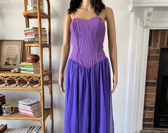 Vintage 1980s 80s Eighties Purple Rhinestone Dance Party Strapless Dress Full Skirt Extra Small XS Prom Sweetheart Neckline