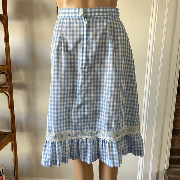 Vintage Early 1960s Baby Powder Blue Gingham Cowgirl Milkmaid Cottagecore Twee Cotton Lace Knee-Length Skirt XS S Small Fifties Checkered