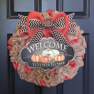 Fall Burlap Wreath, Pumpkin Welcome Wreath,Thanksgiving Wreath, Fall Housewarming Gift, FallHome Decor, Thanksgiving Decor