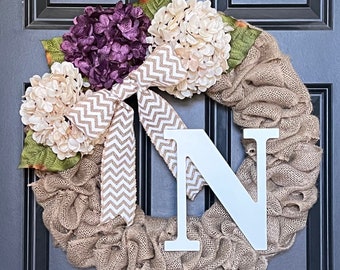 Initial Burlap Hydrangea Wreath, Wreath for Front Door, Wreath with Initial Monogram, Initial Rustic Farmhouse Personalized All Year Round