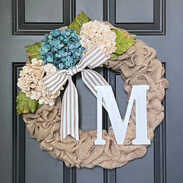 Wreath with Initial, Burlap Wreath with Initial Monogram, Initial Farmhouse Wreath, Housewarming Gift, Personalized All Year Round Wreath