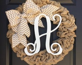 Burlap Monogram Wreath, Initial Burlap Wreath with Initial, Personalized House Warming Gift, Spring Summer Wreath, Door Hanger