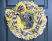 Mongram Burlap Wreath, Autumn Monogram Burlap Wreath, Thanksgiving Wreath, Burlap Wreath with Initial