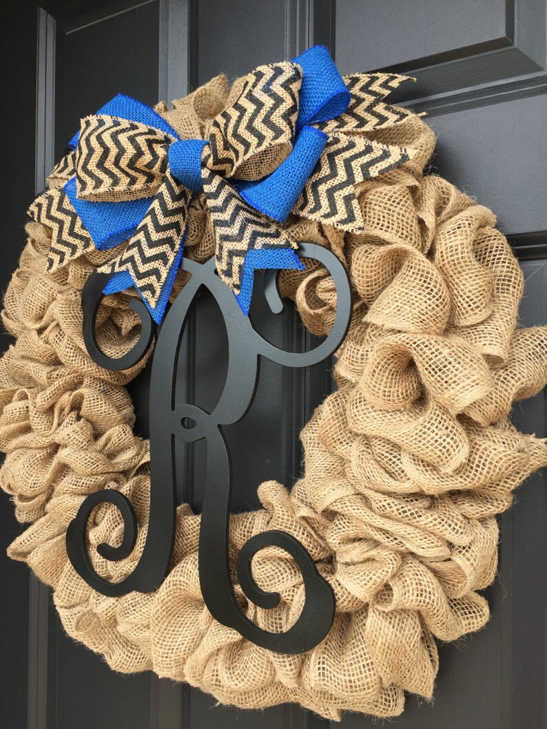 Initial Burlap Wreath,Monogram Wreath,Front Door Wreath,Personalized Housewarming Gift,Year Round Wreath,Summer Spring Wreath,Door Hanger
