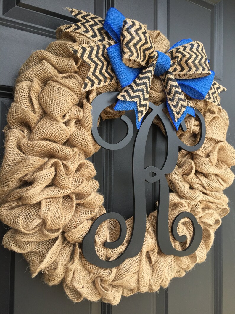 Initial Burlap Wreath,Monogram Wreath,Front Door Wreath,Personalized Housewarming Gift,Year Round Wreath,Summer Spring Wreath,Door Hanger