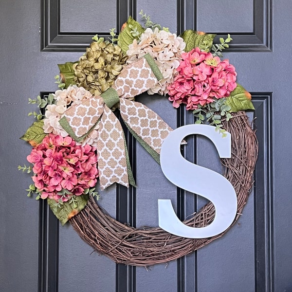 Pink Hydrangea Wreath with Initial, All Year Round Wreath, House Warming, Wedding Gift,Personal Wreath, Mothers Day Gifts,Front Door Wreath