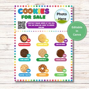 May include: A colorful printable sign advertising Girl Scout Cookies for sale. The sign features a QR code, a photo placeholder, and a grid of images of different cookie varieties with their names and prices. The text "COOKIES FOR SALE" is in large, colorful letters at the top of the sign.