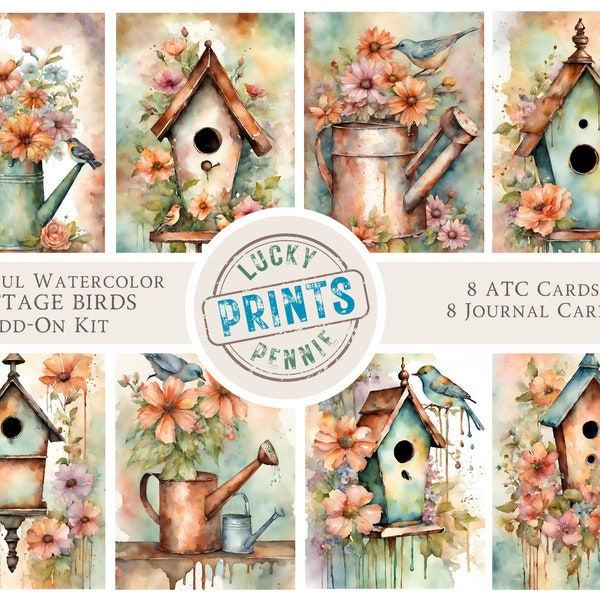 Colorful Watercolor COTTAGE BIRDS Junk Journal Card Set Colorful Patinaed Copper Printable Junk Journal Watercolor Birdhouse Ephemera