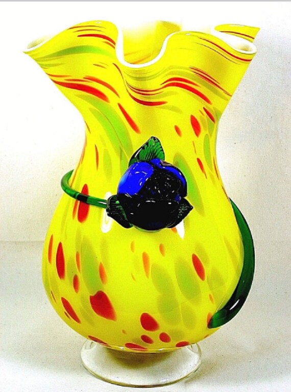 Large Hand Blown Art Glass Vase Yellow Eclectic Decorative Etsy