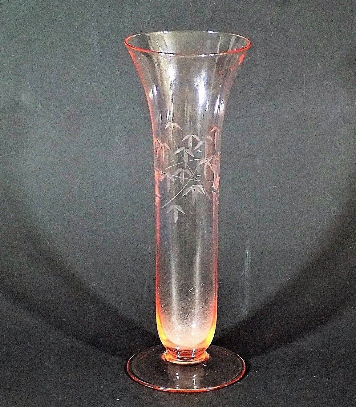 Vintage Pink Glass Bud Vase Etched Bamboo Design 9 1/2 Etsy