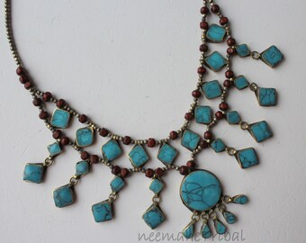 Ethnic Afghan Tribal Bib-Necklace with Turquoise Pendants