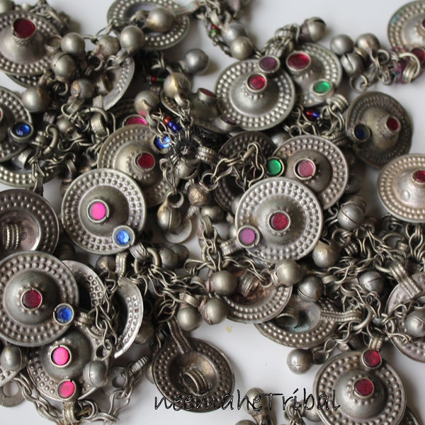 Waziri Tribal Dangling Buttons with Pink Main Jewel, 5 Pieces