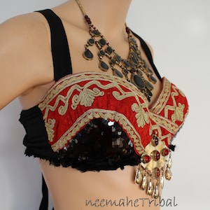 Red and Black Tribal Fusion Bra, Size L, US Size 36C-D, Tribal Style Dance Costume, Burning Man Festival Bra