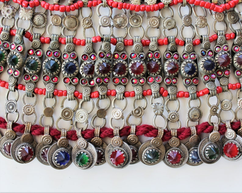 Vintage Kuchi Tribal-Choker with Red Orange and Green Glass Jewels Tribal Fusion Jewelry Handmade Nomad Kuchi-Choker