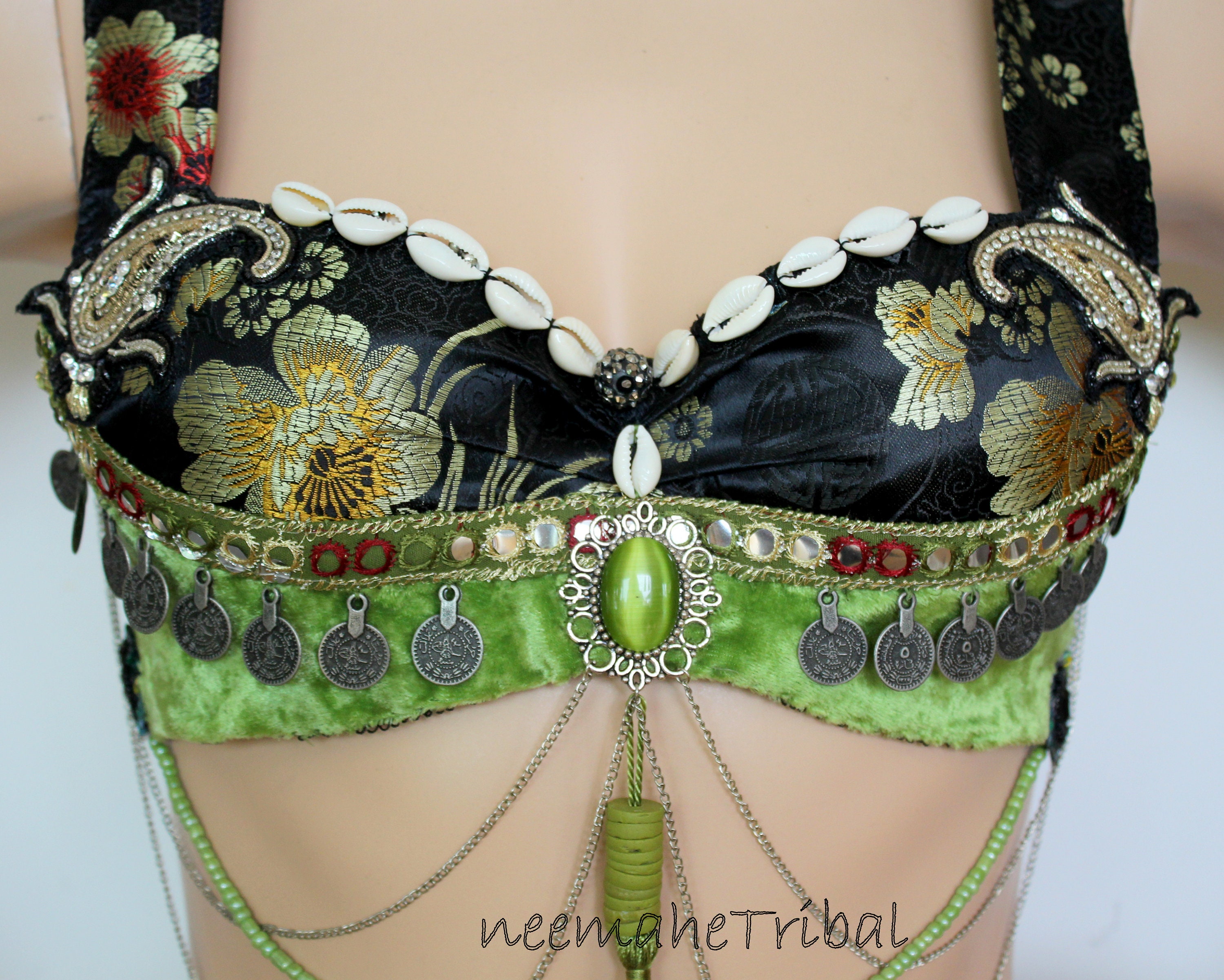 Tribal Balconette Bra in Lindgreen and Black Silk, Size US 36B-38A, Eur 75B-85A