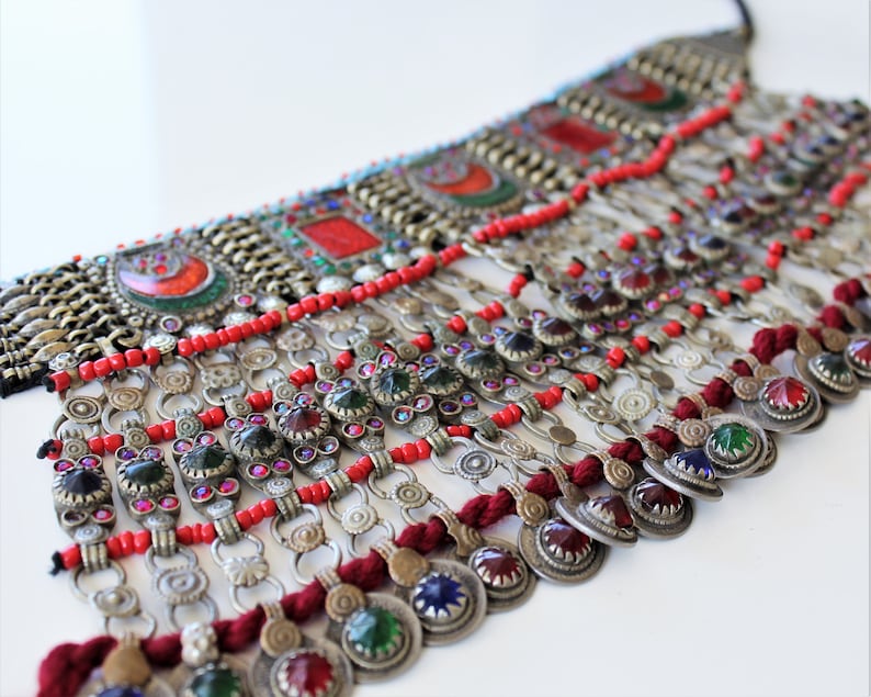 Vintage Kuchi Tribal-Choker with Red Orange and Green Glass Jewels Tribal Fusion Jewelry Handmade Nomad Kuchi-Choker