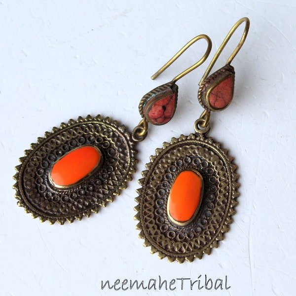 Oval Ethnic Earrings with Orange Stones