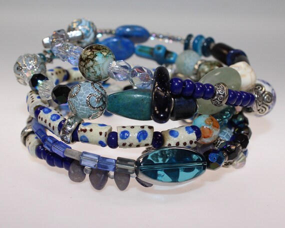 5 row Coil Bracelet With Mostly Blue Beads and Stones Memory Wire Bracelet With Lapislazuli and Other Blue tone Beads Etsy Ireland